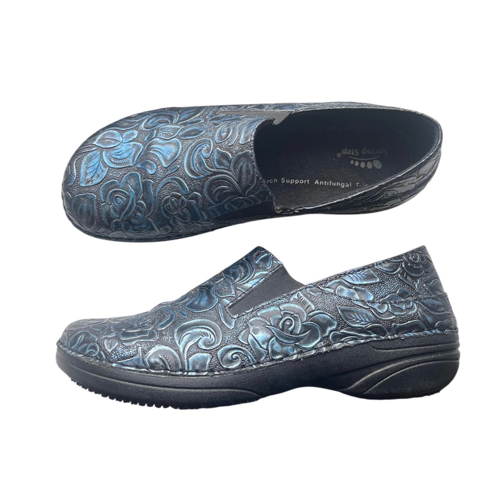 Spring Step Manila Slip On Comfort Shoe Hybrid Blue Floral Tooled Leather Sz 8.5 - Picture 2 of 12